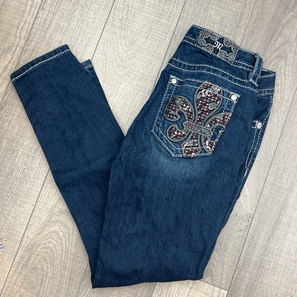 Miss Me Dark Blue Skinny Jeans with Fleur de lis Embroidery